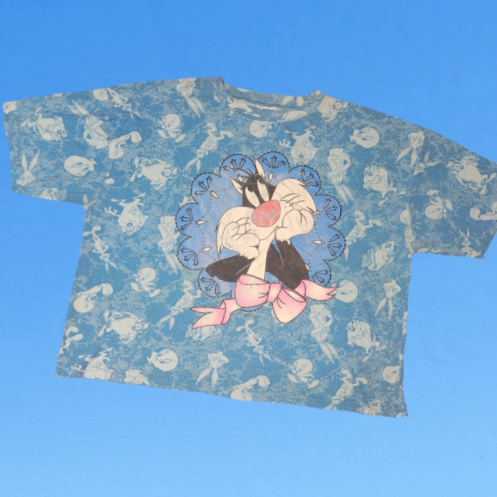 Vintage 1990s Flirts Sylvester Crop Tshirt Looney Tunes All Over Print XL